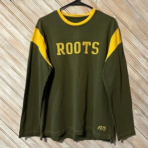Roots Long Sleeve Shirt Olive Green & Yellow Embroidered Logo 1973 Outdoor
